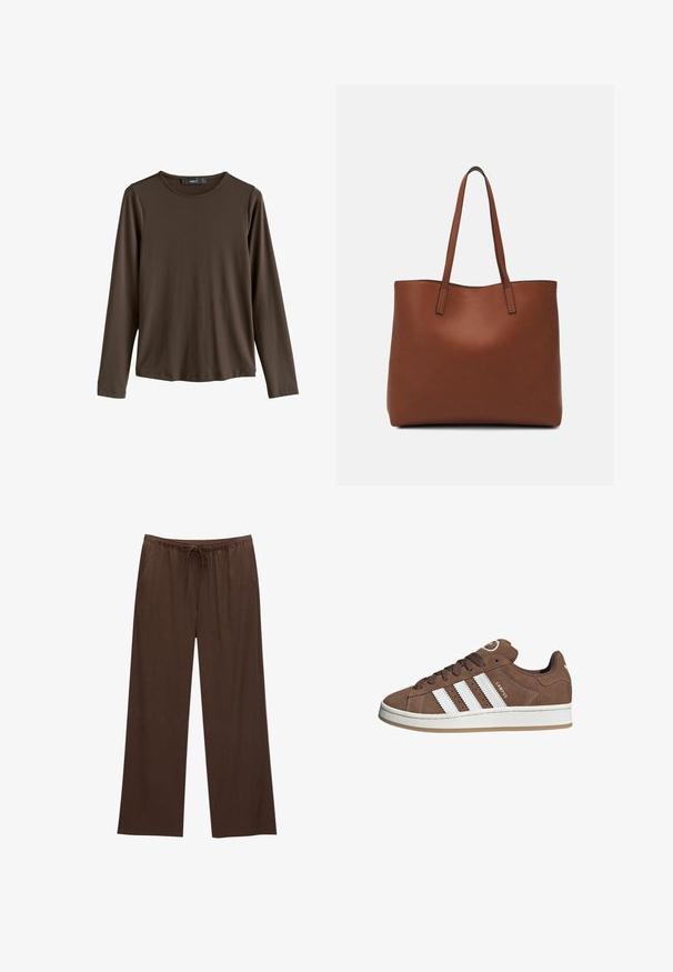 Chemise marron à manches longues en tissu lisse. Elle présente un col rond et un ourlet droit, sans motifs ni accents visibles.; Pantalons larges marron en tissu doux, avec une taille élastique et un cordon de serrage, et deux poches latérales.; Baskets en daim marron avec des bandes en cuir blanc, semelle en caoutchouc, bout arrondi et lacets. Comprend un logo sur la languette et des accents perforés.; Sac fourre-tout en cuir marron avec une texture lisse, design à ouverture supérieure et deux poignées pour le porter à l'épaule. Présente des coutures minimales et aucun matériel visible.