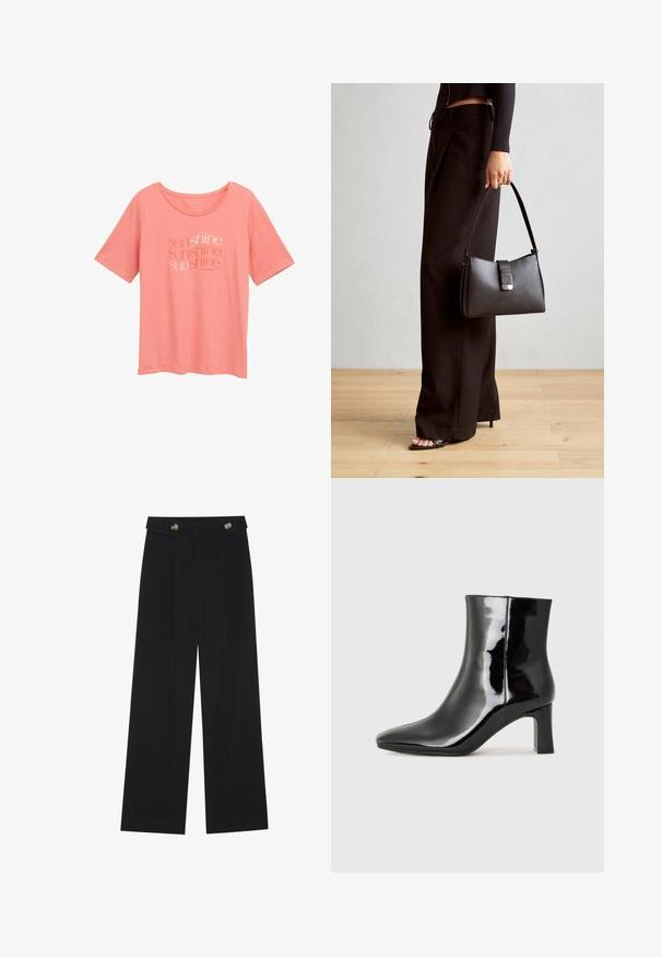 Roosa lühikeste varrukatega T-särk pehmest kangast, mille esiküljel on sõna "päike" erinevates toonides ja kirjutamisstiilides. Ümmargune kaelus.; Mustad laiad püksid kõrge vöökoha ja nööpdetailidega vööandil, esikortsudega.; Must-sinine nahkjalats musta läikiva viimistlusega, millel on terav nina ja keskmise kõrgusega plokk konts. Sile tekstuur ja minimalistik disain.; Must musta kott, millel on struktureeritud kuju, sile tekstuur ja metallist klamber. Kombineeritud laiate mustade pükstega ja avatud varvaste sandaalidega puidust põrandal.