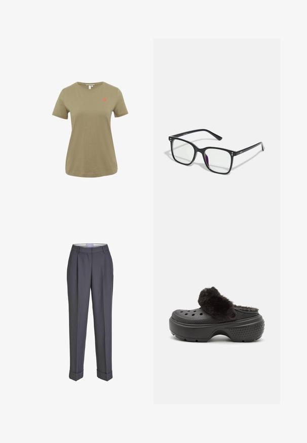 Oliwkowy bawełniany t-shirt z krótkim rękawem, okrągłym dekoltem i haftowanym czerwonym sercem na lewej piersi. Casualowy krój i gładka faktura.; Ciemnoszare spodnie w kant o prostym kroju, z plisowanym przodem i odwróconymi mankietami. Wykonane z gładkiego materiału, z klasycznym pasem.; Czarne klomby z miękką, puszystą górną taśmą, z perforacjami na przodzie i teksturowaną piętą dla lepszej przyczepności. Lekka i wsuwana konstrukcja.; Czarne prostokątne okulary z przezroczystymi soczewkami, z złotymi akcentami na oprawkach i lekkim fioletowym odcieniem na jednej z soczewek.; Bordowa skórzana torebka z złotym zapięciem, o wyraźnie zarysowanym kształcie, z górną rączką i regulowanym paskiem na ramię. Modelka ma na sobie dżinsową kurtkę.