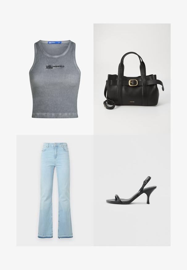 Grå ribbestrikket tanktop med rund hals. Har "KARL LAGERFELD JEANS" brodert i svart. Glatt tekstur, kort lengde.; Lyseblå flagrende jeans laget av denim, med høy midje, frontlommer og rå kant ved mansjettene for et uformelt utseende.; Sorte skinnhøye hæler med en slank, buet hæl og et kryssrem-design. Justerbar ankelrem. Glatt tekstur.; Svart lærveske med en strukturert design, doble topphåndtak, gullfarget spenneakent og preget merke-logo foran.