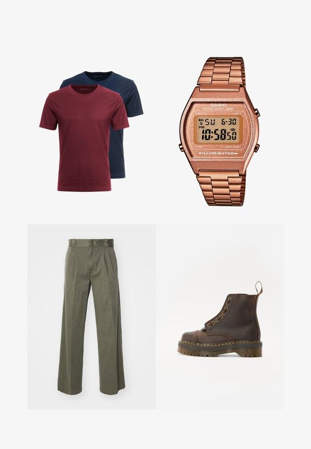Two crew-neck t-shirts stacked; one maroon and one dark navy. Made of cotton, short sleeves, and a smooth texture.; Olive green trousers featuring a loose, wide-leg design with front pleats. Made from textured fabric with a standard waistband and no visible hardware.; Brown leather ankle boot with a round toe, contrasting yellow stitching, decorative metal eyelets, and a grooved rubber sole.; Digital Casio watch with a rose gold metal band, rectangular case, illuminated display, and water resistance, showing time and date.