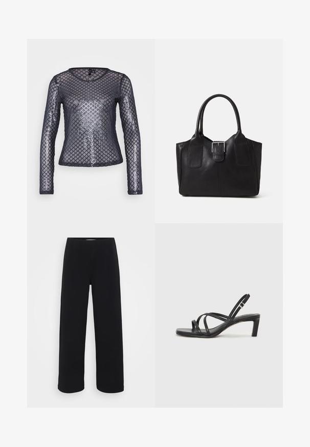 Pikend särk, mis on valmistatud läbipaistvast mustast võrkkangast, millel on teemantkujuline sädelusmuster. Omab ümmargust kaelust ja sobivat siluetti.; Mustad laiad püksid elastse vöökohtaga. Valmistatud tekstuurilisest materjalist, millel on lõtv istuvus ja sirge lõige puusadest heleni.; Mustast rihmajalatsid ruudukujulise varba ja madala ploki kontsaga. Omab mitmeid õhukesi rihmasid ja reguleeritavat pahkluu rihma. Valmistatud siledast nahast.; Mustgamma nahast kott, millel on sile tekstuur, struktureeritud kuju, kaks käepidet ja esiküljel silmapaistev hõbedane pandla detail.