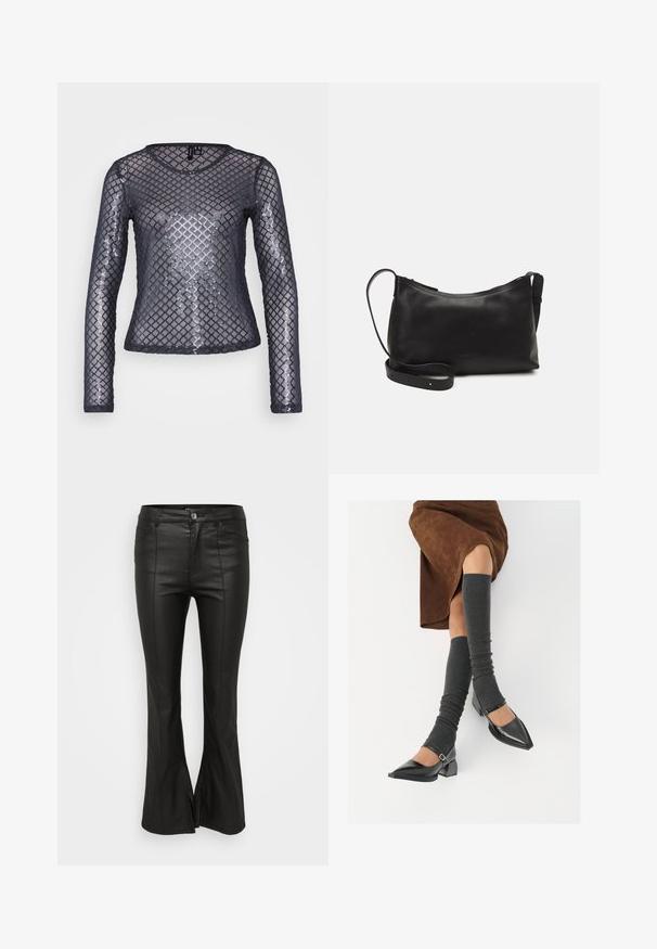 Long-sleeve top made of sheer black mesh fabric with a diamond sequin pattern. Features a round neckline and fitted silhouette.; Black flared pants with a shiny, leather-like texture, featuring front pockets, a button closure, and side slits at the hem.; Black patent leather pointed-toe shoes with a block heel and ankle strap, paired with gray ribbed leg warmers and a brown suede skirt.; Black leather shoulder bag with a smooth texture, curved shape, adjustable strap, and a zip closure. Minimalist design without embellishments.