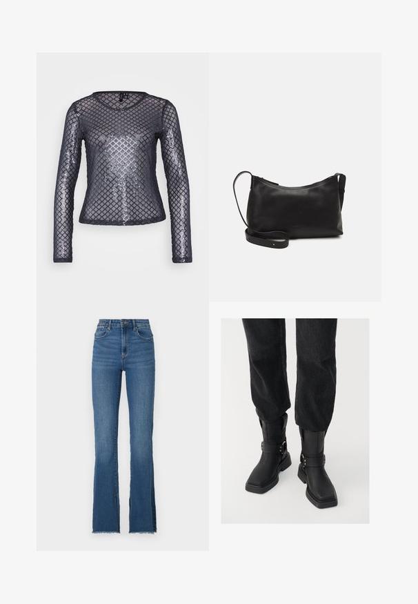 Long-sleeve top made of sheer black mesh fabric with a diamond sequin pattern. Features a round neckline and fitted silhouette.; Flared blue denim jeans with a high waist, featuring a frayed hem and five pocket design. Smooth texture with subtle fading.; Black leather ankle boots with a square toe, featuring a wide strap and metal buckle detail. The boots have a chunky sole and smooth texture.; Black leather shoulder bag with a smooth texture, curved shape, adjustable strap, and a zip closure. Minimalist design without embellishments.