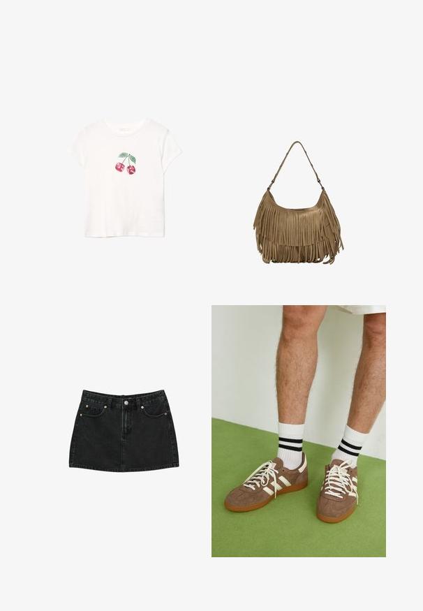 Weißes Baumwoll-T-Shirt mit einem roten Kirschgrafik und grünen Blättern, kurzen Ärmeln und rundem Ausschnitt. Weiches Material, lässiges Design.; Schwarzer Jeans-Minirock mit Knopfverschluss vorne, Gürtelschlaufen und zwei vorderen Taschen mit Kupfernieten, flach auf weißem Hintergrund ausgelegt.; Braune Wildleder-Sneaker mit weißen Akzenten und Schnürsenkeln. Gummisohle in Kautschuk-Optik. Getragen mit weißen Socken, die schwarze Streifen haben. Grüner strukturierter Fußboden.; Braune Wildleder-Handtasche mit langen Fransen, einer geschwungenen Form und einem einzelnen Schultergurt. Verfügt über eine glatte, strukturierte Oberfläche.