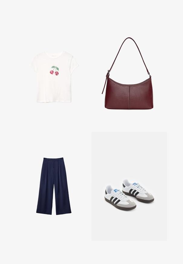Witte katoenen T-shirt met een rood kersenafbeelding en groene bladeren, korte mouwen en een ronde halslijn. Zachte textuur, casual ontwerp.; Marineblauwe wijde broek met plooien, knoop Tailleband en riemlussen, plat weergegeven op een witte achtergrond.; Sportschoenen met een witte leren bovenkant, grijze suède neus en drie zwarte strepen. Bevat een blauw logo op de tong en een gestructureerde rubberen zool.; Bordeaux lederen handtas met een gebogen vorm, een enkele schouderriem en gestikte details in het midden. Glad textuur, minimale hardware.