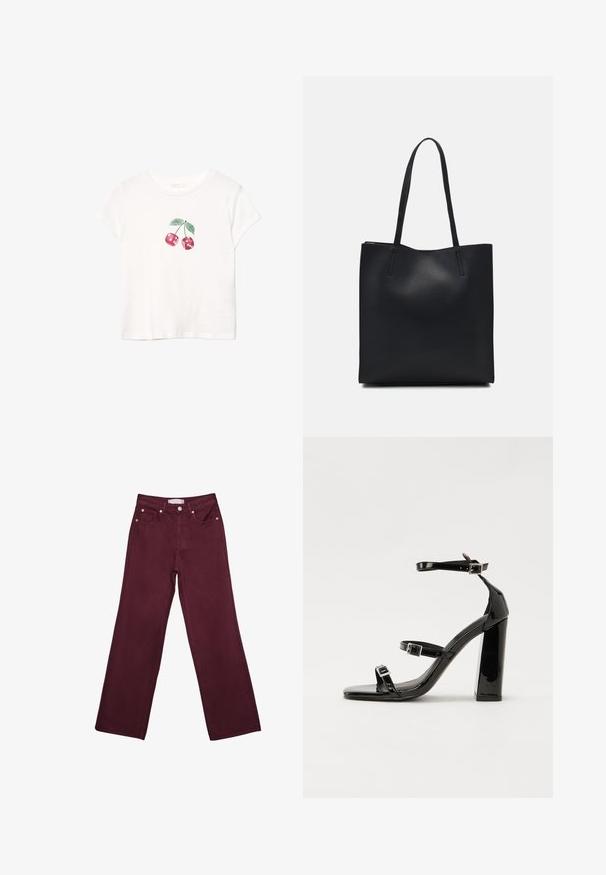 Weißes Baumwoll-T-Shirt mit einem roten Kirschgrafik und grünen Blättern, kurzen Ärmeln und rundem Ausschnitt. Weiches Material, lässiges Design.; Burgunderfarbene hochtaillierte Jeans mit geradem Bein-Design, ausgestattet mit vorderen Taschen, einem Knopfverschluss und metallischen Akzenten in Kupferfarbe.; Schwarze patentierte Sandalen mit Absatz, quadratischer Spitze, Knöchelriemen und silbernen Schnallen. Mit einem stabilen Blockabsatz für mehr Stabilität.; Schwarze Laptoptasche aus Leder mit glatter Textur, rechteckiger Form und zwei langen Griffen. Keine sichtbaren Beschläge oder Verzierungen.