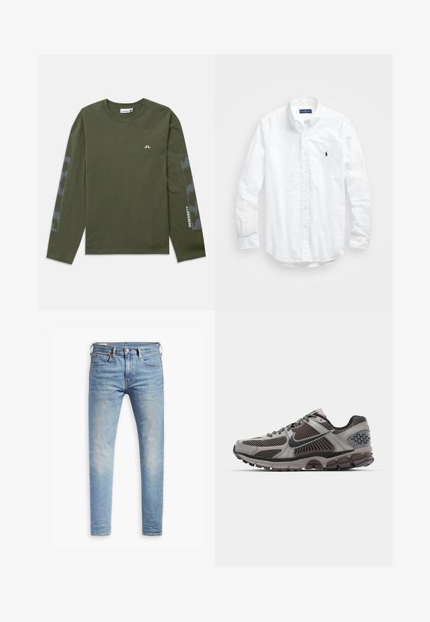 Langermet olivengrønn T-skjorte laget av bomull, med en liten hvit logo på brystet og et mønstrete grått aksent på ermene.; Hvit langermet skjorte i bomull med knapper. Har en klassisk krage, knappe mansjetter og en liten marineblå brodert logo på brystet.; Lyseblå slim-fit jeans med svak falming på lårene, frontknappelukking, beltehemper, og fem-lomme design på hvit bakgrunn.; Lys grå og mørk brun løpesko med mesh-detaljer, strukturert design og tykk gummisåle. Har Nike swoosh-logo og teksturerte aksenter.