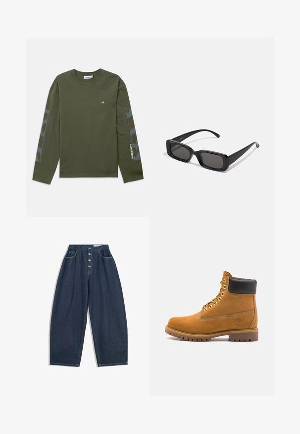 Long-sleeve olive green T-shirt made of cotton, featuring a small white logo on the chest and a patterned grey accent on the sleeves.; Dark blue denim wide-leg trousers with a high waist, five-button closure, and five pockets. Features stitching accents on seams.; Tan suede ankle boot with black padded collar, gold metal eyelets, white stitching detailing, and rugged rubber sole with pronounced treads.; Black rectangular sunglasses with dark lenses, glossy finish, wide arms, and a chunky frame design. Engraved brand name on one arm.
