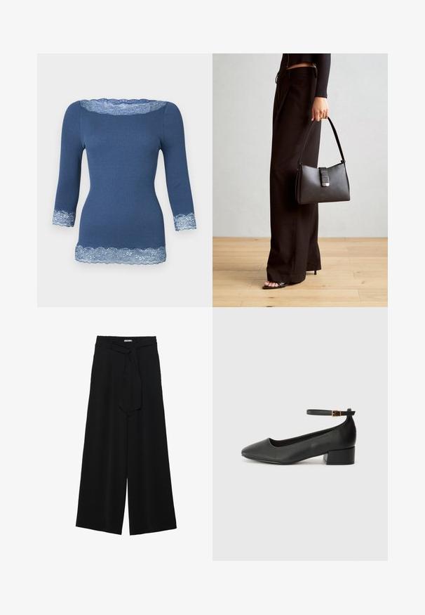 Top de malha azul com riscas e mangas até aos três quartos, apresentando um acabamento em renda azul clara no decote, punhos e na barra.; Calças largas pretas com um tecido texturizado, uma cintura elástica e um laço destacável na cintura para um ajuste ajustável.; Sandal de pele preta com bico pontiagudo e um salto bloco baixo. Apresenta uma tira no tornozelo com uma fivela em tom dourado. Textura suave.; Bolsa preta com forma estruturada, textura suave e um fecho metálico. Combinada com calças largas pretas e sandálias de salto aberto sobre um chão de madeira.
