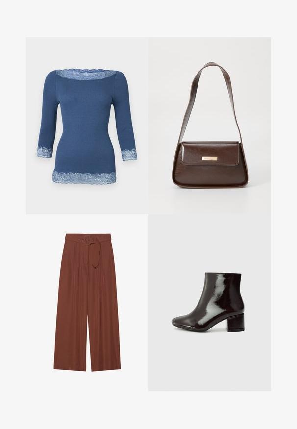 Niebieski sweter z prążkowanej dzianiny z rękawami o długości trzech czwartych, zdobiony jasnoniebieską koronką na dekolcie, mankietach i dole.; Spodnie o szerokich nogawkach w brązowym materiale, z paskiem z kwadratową klamrą, plisowanym wzorem i gładką teksturą.; Czarne lakierowane botki za kostkę z szpiczastym noskiem i grubym obcasem. Gładka tekstura z subtelnym połyskiem i prostymi liniami, minimalistyczny design.; Brązowa skórzana torba na ramię o wyraźnej formie, z magneticznym zapięciem w klapie i metalowym logo na przodzie.