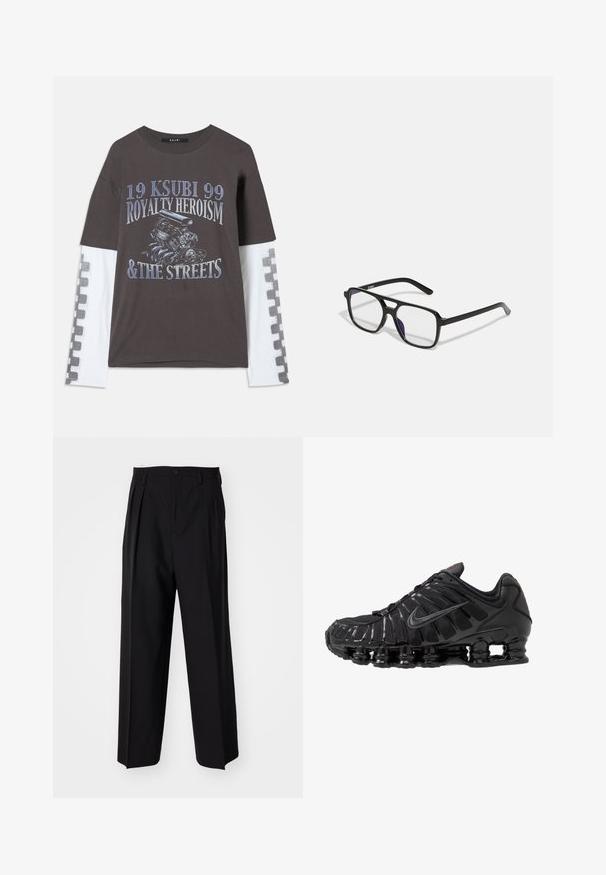 Tricou gri închis cu mâneci lungi albe, având un print grafic al unui motor și text albastru. Model în carouri pe mâneci.; Pantaloni negri plisat cu un design drept și pantaloni largi. Construiți dintr-un material neted, prevăzuți cu închidere cu nasture și bucle pentru curea.; Pantof de sport negru cu un superior din plasă și materiale sintetice, prezentând un design nervurat, șireturi și o talpă groasă cu unități de amortizare vizibile.; Ochelari rectangulari negri cu lentile clare și o nuanță subtilă de mov, având brațe elegante și un design minimalist.