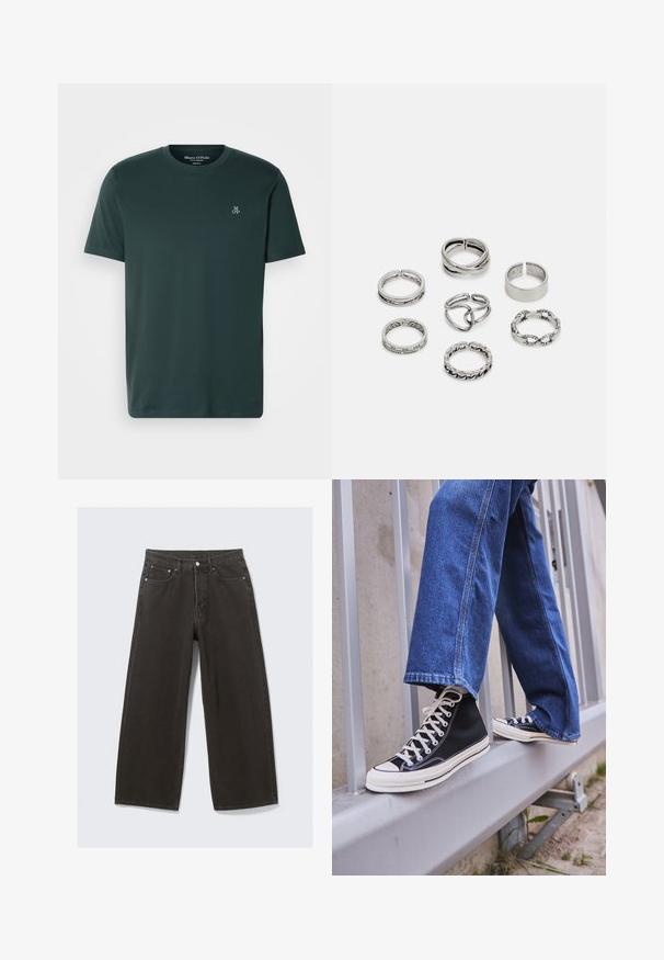 Ciemnozielona koszulka z miękkiego materiału, z okrągłym dekoltem i krótkimi rękawami. Haftowane logo na lewej piersi.; Szerokie czarne dżinsy z wysokim stanem, pięcioma kieszeniami i zapięciem na guzik. Materiał ma miękkie, teksturowane wykończenie.; Czarne sneakersy za kostkę z białą podeszwą i sznurówkami, w połączeniu z luźnymi niebieskimi dżinsami, opierające się na szarym balustradzie.; Zestaw siedmiu srebrnych pierścionków o różnych wzorach, w tym skręconych, połączonych i grawerowanych. Różne kształty i szerokości.