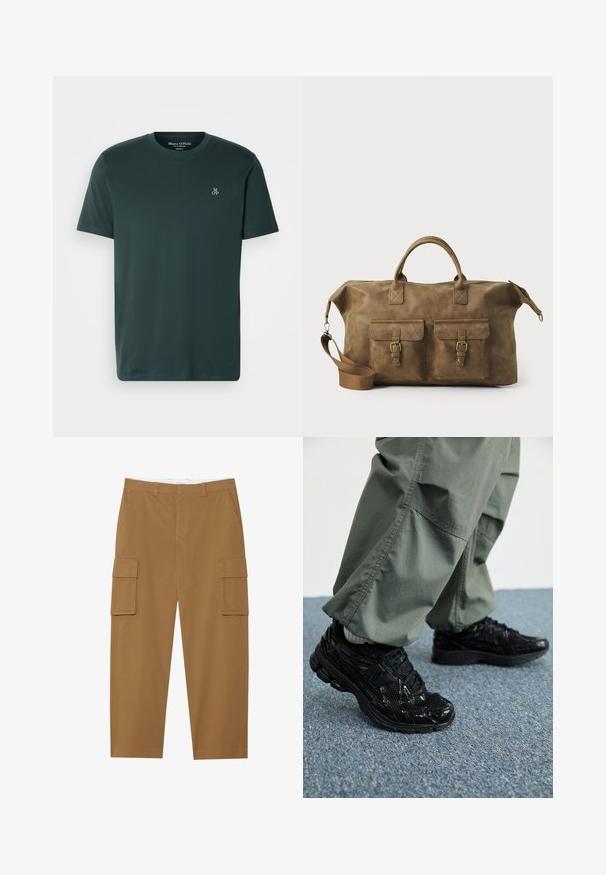 Tamsiai žalia marškinėlių palaidinė, pagaminta iš minkštos medžiagos, su apvalia iškirpte ir trumpomis rankovėmis. Išsiuvinėtas logotipas kairėje krūtinės pusėje.; Rudos cargo kelnės su dviem šoninėmis kišenėmis, lygia priekiu ir tiesiomis kojomis. Pagamintos iš tvirto, lygaus tekstūros audinio.; Juodi sportiniai bateliai su blizgiu ir tinkliniu tekstūromis, turintys storą pado ir raištus, derinami su laisvomis alyvuogių spalvos kargo kelnėmis.; Rudos odos kelioninis krepšys su dviem priekinių kišenių, reguliuojama petneša, auksinėmis detalėmis ir tvirtais viršiniais rankenomis. Lygus paviršius.