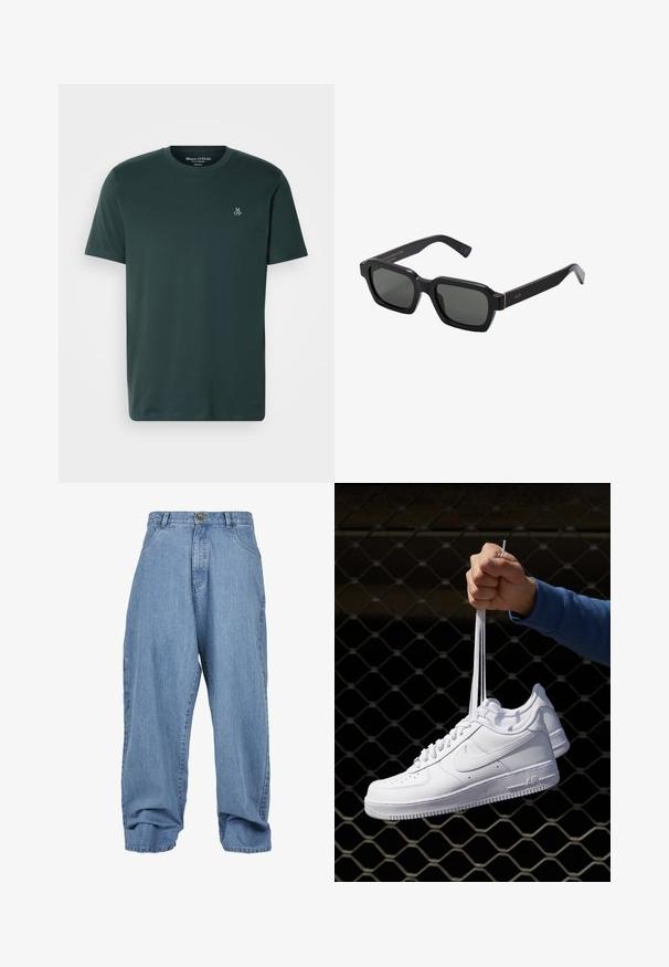 Sötétzöld, puha anyagból készült póló, kerek nyakkivágással és rövid ujjakkal. Hímezett logó a bal mellrészen.; Világoskék denim nadrág, laza fazonnal, gombos záródással, elülső zsebekkel és pohárkialakítással, klasszikus öt zsebes kialakítással.; Fehér bőr sportcipők perforációval, kerek orral, lapos talppal és vastag fűzőkkel, látható swoosh logóval és "AIR" felirattal a sarokrészen.; Fekete, négyzet alakú napszemüveg szürke lencsékkel. Vastag műanyag keretek arany díszítéssel és márkázással a szárán. Sima felület.