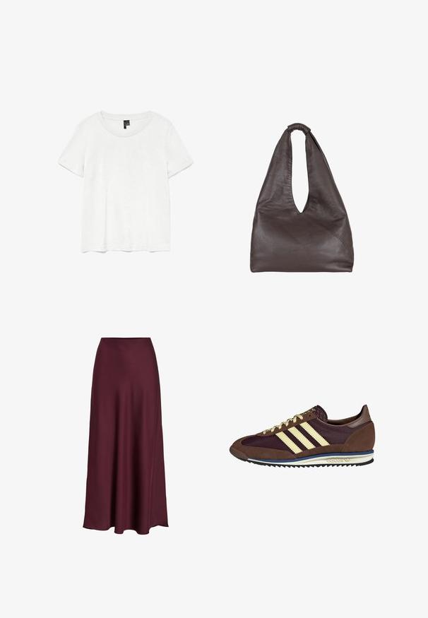 T-shirt branca de mangas curtas com decote redondo, feita de um tecido leve. Design simples, textura suave e bainha reta.; Saia maxi em cetim bordeaux com uma textura suave, cintura alta e uma silhueta fluida que se alarga suavemente em direção à bainha.; Sapatilhas castanhas e burgundy com materiais em camurça e malha, apresentando três riscas cremes, tecido texturizado na lingueta e sola de borracha.; Bolsa de pele castanha com um design oversized e descontraído. Apresenta uma alça em forma de laço e uma abertura em V profunda para fácil acesso. Textura suave, estilo minimalista.