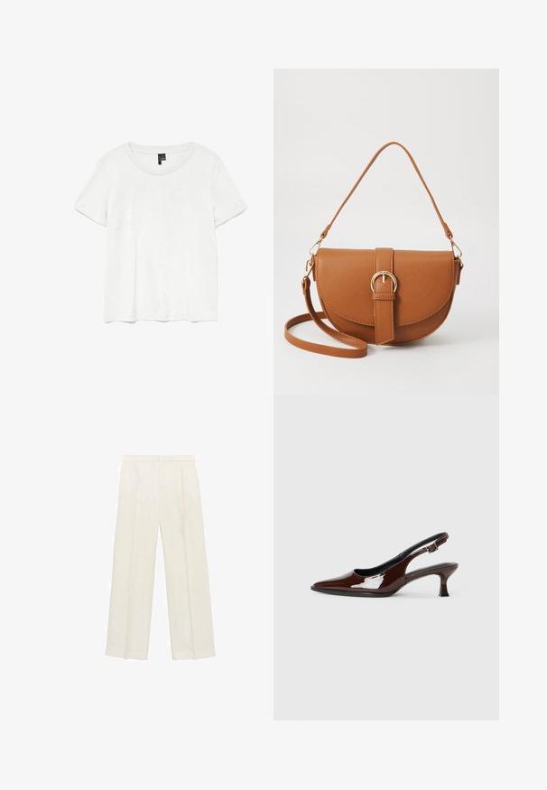 Weißes T-Shirt mit kurzen Ärmeln und rundem Ausschnitt, hergestellt aus leichtem Stoff. Schlichtes Design, glatte Textur und gerader Saum.; Weit geschnittene Hosen in einem hellen cremefarbenen Farbton. Hergestellt aus einem glatten Stoff mit Falten an der Vorderseite und seitlichen Taschen.; Braune Lackleder-Slingback-Schuhe mit spitzer Zehe und moderatem Absatz. Mit einem Schnallenriemen für einen sicheren Sitz. Glatte Textur.; Braune Leder-Crossbody-Tasche mit geschwungener Form, goldfarbenen Beschlägen und einer Schnallenakzentuierung. Verfügt über einen abnehmbaren Schultergurt.