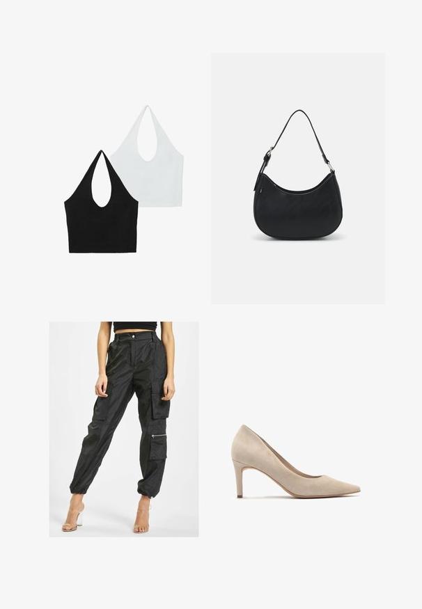 Due top in bianco e nero. Il top nero ha un profondo scollo, mentre il top bianco presenta un design simile, entrambi realizzati in tessuto morbido.; Pantaloni cargo neri realizzati in tessuto leggero, dotati di numerose tasche, polsini elasticizzati e una tasca con zip sul lato per un'ulteriore funzionalità.; Décolleté beige in suede con punta affilata e tacco di 7 cm. Texture liscia, design minimalista e silhouette impeccabile.; Borsa hobo nera in pelle liscia con silhouette curvata, dotata di un'unica tracolla regolabile e dettagli di design minimalisti.