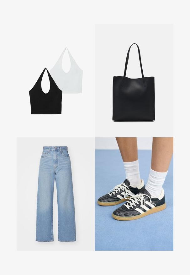 Zwei Halftertops in Schwarz und Weiß. Das schwarze Top hat einen tiefen Ausschnitt, während das weiße Top ein ähnliches Design hat. Beide sind aus weichem Stoff gefertigt.; Hellblaue High-Waist-Weite-Leg-Jeans mit Knopf- und Reißverschluss vorne, Vorder- und Rückentaschen, auf weißem Hintergrund.; Schwarze Ledersneaker mit weißen Streifen, runder Zehenpartie, weißen Schnürsenkeln und Gummisohle. Abgerundet durch gepolsterten Kragen und Branding-Details.; Schwarze Laptoptasche aus Leder mit glatter Textur, rechteckiger Form und zwei langen Griffen. Keine sichtbaren Beschläge oder Verzierungen.
