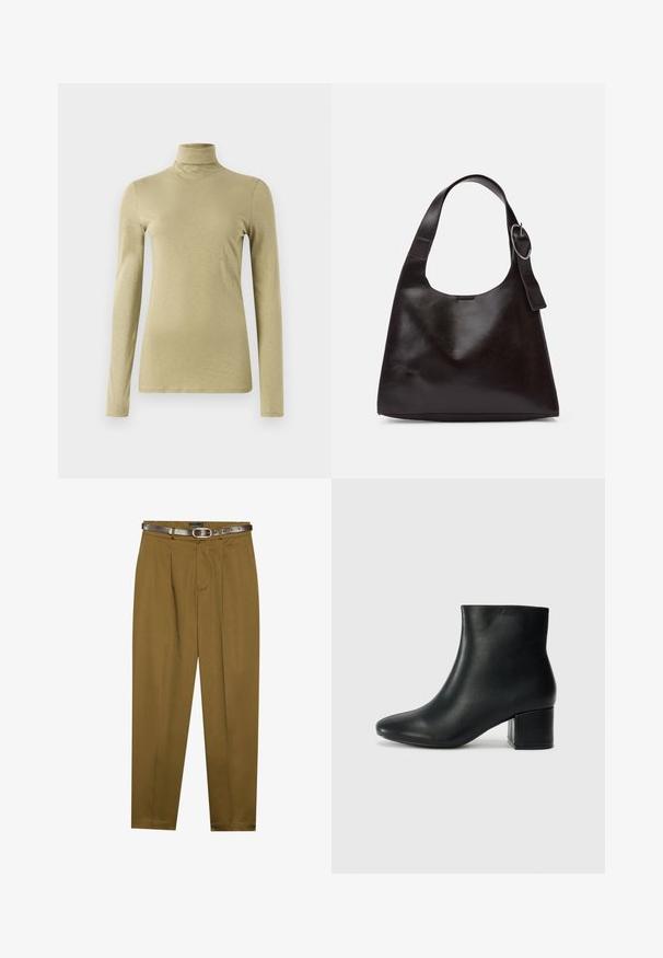 Long-sleeve turtleneck top in light olive green, featuring a slim fit and smooth, slightly textured fabric without embellishments.; Brown, tailored trousers with a pleated front and a fitted waistband. Dark brown leather belt included, featuring a round buckle.; Black leather ankle boots with a pointed toe and a chunky heel. Smooth texture with minimal accents and a sleek, fitted design.; Brown leather shoulder bag with a smooth texture, rounded shape, wide strap, and circular metallic accent on the handle.