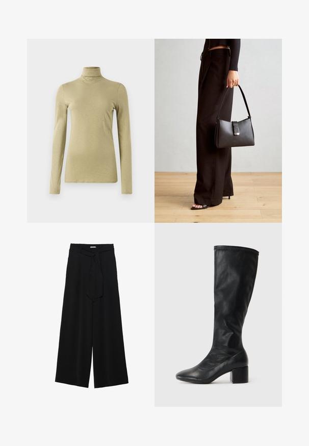 Pikkade varrukatega poolkaelusega särk helesalati rohelises värvitoonis, millel on kitsas lõige ja sile, kergelt tekstuuriline kangas ilma kaunistusteta.; Mustad laiad püksid, millel on tekstureeritud kangas, elastne vöökoht ja eemaldatav pael vööst, et reguleerida sobivust.; Must-have mustakostööd, mis on valmistatud siledast nahast. Omab ruudukujulist kontsa ja saleda silueti, lihtsa ülaosa ning pealt õmmeldud detailidega.; Must musta kott, millel on struktureeritud kuju, sile tekstuur ja metallist klamber. Kombineeritud laiate mustade pükstega ja avatud varvaste sandaalidega puidust põrandal.