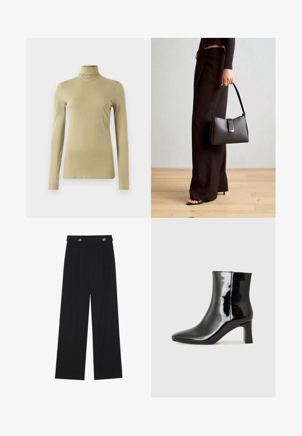 Long-sleeve turtleneck top in light olive green, featuring a slim fit and smooth, slightly textured fabric without embellishments.; Black wide-leg trousers with high waist, button details on waistband, and front pleats.; Black patent leather ankle boot with a pointed toe and a mid-height block heel. Smooth texture and minimalist design.; Black handbag with structured shape, smooth texture, and a metallic clasp. Paired with wide black pants and open-toe sandals on wooden floor.