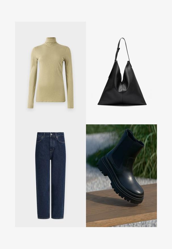 Cămașă cu mânecă lungă și guler înalt, în tonuri de verde măsliniu deschis, având o tăietură slim și un material neted, ușor texturat, fără aplicații.; Blugi din denim albastru închis cu picior drept, talie înaltă, accesorii argintii, buzunare frontale și detalii subtile de cusătură. Design clasic cu cinci buzunare.; Botină neagră din piele, cu talpă groasă, panouri laterale elastice și un finisaj neted. Design elevat cu detalii de profil contrastante.; Geantă de umăr triangulară din piele neagră, cu o singură curea de umăr ajustabilă și o structură moale, ușor lăsată.; Cercei aurii cu un amestec de forme geometrice: un pătrat, un cerc și modele ovale legate, având un finisaj lucios.