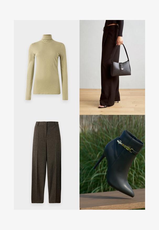 Langermet turtleneck-topp i lys olivengrønn, med en slim fit og glatt, litt teksturert stoff uten dekorasjoner.; Brune vidde bukser i teksturert stoff, med skreddersydd midje, beltesløyfer og to frontlommer.; Svart høyhælte ankelstøvlett med spiss tå og gullspenne, vist på en treflate med grønt bladverk i bakgrunnen.; Svart håndveske med strukturert form, jevn tekstur og metallisk lås. Kombinert med brede svarte bukser og sandaler med åpen tå på tregulv.