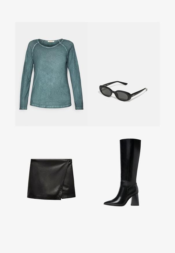 Yogasearcher BIONIKARA - Top dugih rukava - forest; Crna kožna mini suknja s wrap dizajnom, koja se odlikuje glatkom teksturom i minimalističkim stilom. Bez vidljivih metalnih dijelova ili uzoraka.; Crne kožne čizme do koljena s šiljastim vrhom, glatkom teksturom i debelim rebrastim potplatom za stabilnost. Moderne linije s minimalnim naglascima.; Crne sunčane naočale s ovalnim lećama, sjajnim plastičnim okvirom i tankim krakovima. Značajka je Ray-Ban logo u bijeloj boji s strane.; Crna kožna torba s zlatnim hardverom, koja ima prepoznatljivu kopču, odvojivi remen za ramen, te teksturiranu površinu.