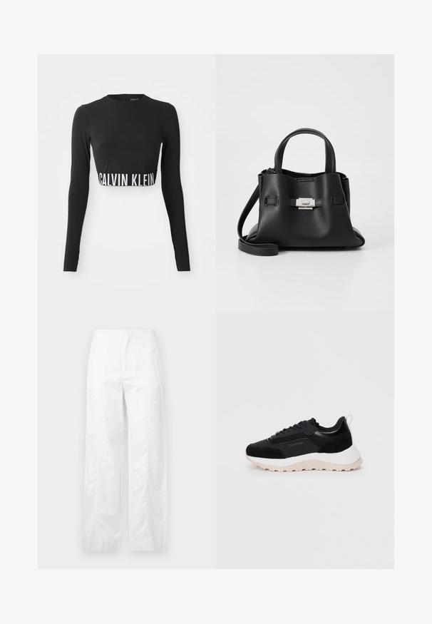 Črn dolg rokav prirezani zgornji del z visokim ovratnikom in belim logotipom "Calvin Klein" okoli pasu.; Bela široka hlače iz lahkega materiala, ki se ponašajo z gladko teksturo, čistimi linijami in visokim pasom.; Črne športne copate, ki združujejo mrežaste, semiš in sintetične materiale, s debelim belim podplatom in minimalnim logotipom na strani.; Črna usnjena torbica z teksturirano površino, ki ima dva zgornja ročaja, odstranljiv ramenski trak in podrobnosti z srebrnim zapiranjem.