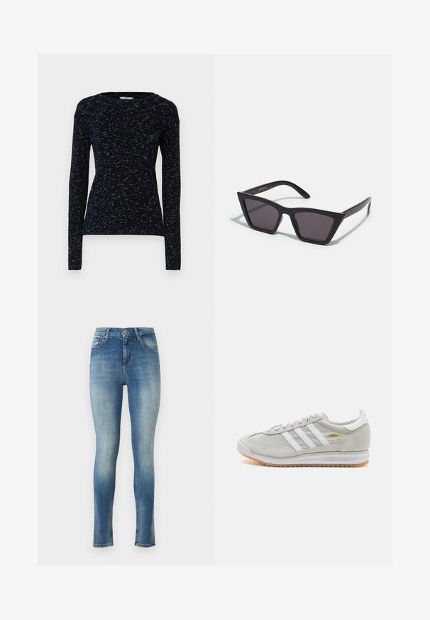 Mads Nørgaard SPACE TUBA TEE - T-shirt à manches longues - multi midnight; Jeans skinny en denim bleu clair. Caractéristiques : taille mi-haute, cinq poches, et légères décolorations à l'avant et à l'arrière pour un look usé.; Basket en cuir suédé et mesh gris clair, avec trois bandes blanches, bout rond et semelle en caoutchouc naturel. Accent logo doré près des lacets.; Lunettes noires angulaires avec des verres gris ; fabriquées en plastique, avec des branches épaisses à la surface lisse et sans matériel visible.; Boucles d'oreilles en argent au design minimaliste. Forme circulaire, texture lisse et profil fin. Légères avec une finition polie.