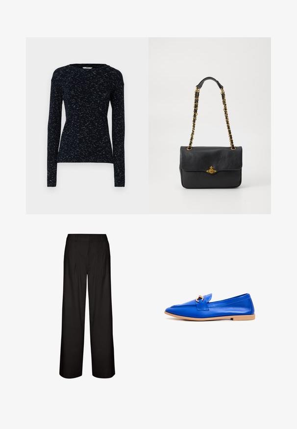 Mads Nørgaard SPACE TUBA granatowy; Czarne szerokie spodnie z zakładkami, wykonane z lekkiego materiału. Mają gładką teksturę i prosty krój od talii do kostek.; Niebieskie skórzane buty płaskie z designem na wsuwanie, z małym złotym akcentem w postaci klamry, spiczastym czubkiem i beżową gumową podeszwą.; Czarna skórzana torebka z klapą, złotym łańcuszkiem i detalami z logo z przodu. Gładka tekstura.