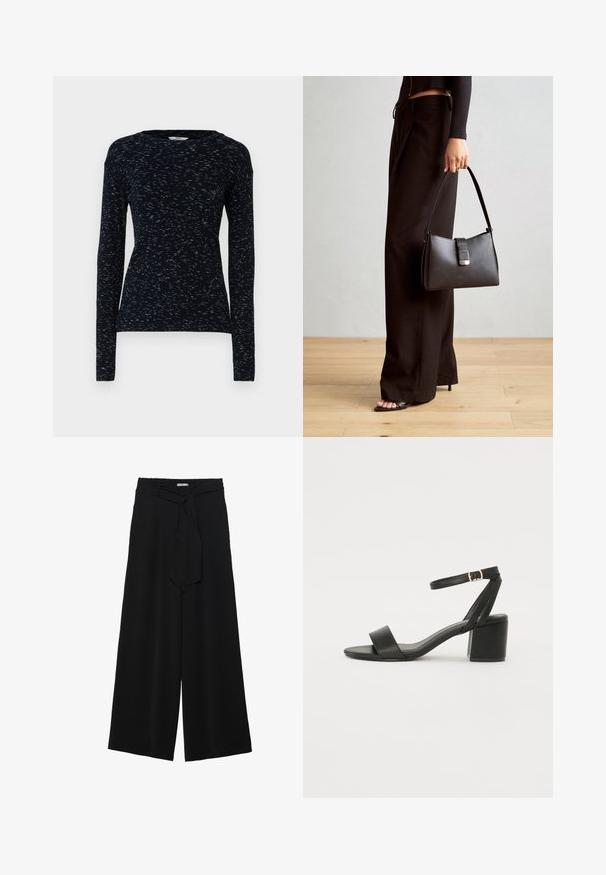 Mads Nørgaard SPACE TUBA TEE - Maglietta a manica lunga - multi midnight; Pantaloni neri a gamba larga caratterizzati da un tessuto testurizzato, una vita elastica e una cintura staccabile per una vestibilità regolabile.; Sandalo nero con tacco alto, caratterizzato da una tomaia in pelle liscia, punta aperta, ampie fasce frontali e cinturino a caviglia regolabile con un dettaglio in fibbia dorata.; Borsa nera con forma strutturata, texture liscia e una chiusura metallica. Abbinata a pantaloni neri larghi e sandali open-toe su un pavimento in legno.