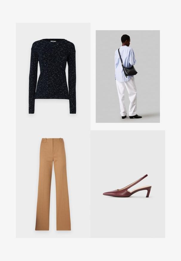 Mads Nørgaard SPACE TUBA TEE - Tops ar garām piedurknēm - multi midnight; HUGO HULANA - Chinos tipa bikses - open brown; Burgundijas krāsas slingback papēži ar norādītu purngalu, sānu izgriezumiem un vidēja auguma bloku papēdi. Gluda ādas apdare.; Melna ādas plecu soma ar mīkstu tekstūru, trīsstūra formu un regulējamu siksnu, apvienota ar gaiši zilu svītrotu krekli un baltām biksēm.