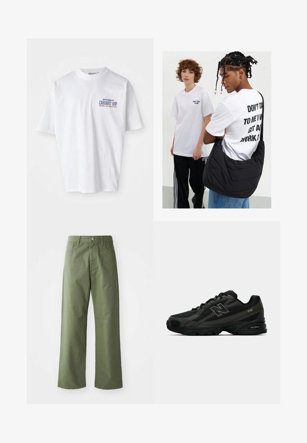 Tricou alb din bumbac, cu mâneci scurte, guler rotund și un logo imprimat în albastru și roșu în partea stângă a pieptului.; Pantaloni largi de culoare verde măsliniu, din bumbac. Au bucle pentru curea, închidere prin buton în față și buzunare laterale. Textură netedă.; Pantofi atletici negri cu un superior sintetic texturat, prezentând o talpă căptușită și un logo „N” proeminent pe lateral. Designul include secțiuni din plasă ușoară.; Geantă de umăr neagră, matlasată, cu o textură moale, purtată de o persoană îmbrăcată într-un tricou alb cu imprimeu grafic și text îndrăzneț. O ținută lejeră, completată cu blugi.
