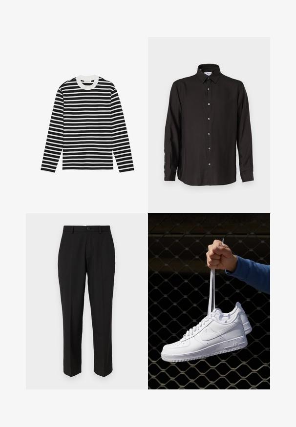 Langermet genser med horisontale svart-hvite striper, rund hals og ribbestrikkede ermer. Mykt stoff med klassisk passform.; Svart langermet skjorte laget av glatt stoff, med knapper foran, spiss krage og rundet kant med kontrastknapper.; svarte bukser laget av glatt stoff, med strak ben design, frontlommer, en enkelt knappelukking, og ingen synlige mønstre.; Hvite skinnsneakers med perforeringer, rund tå, flat såle og tykke lisser, med en synlig swoosh-logo og "AIR" på hælen.