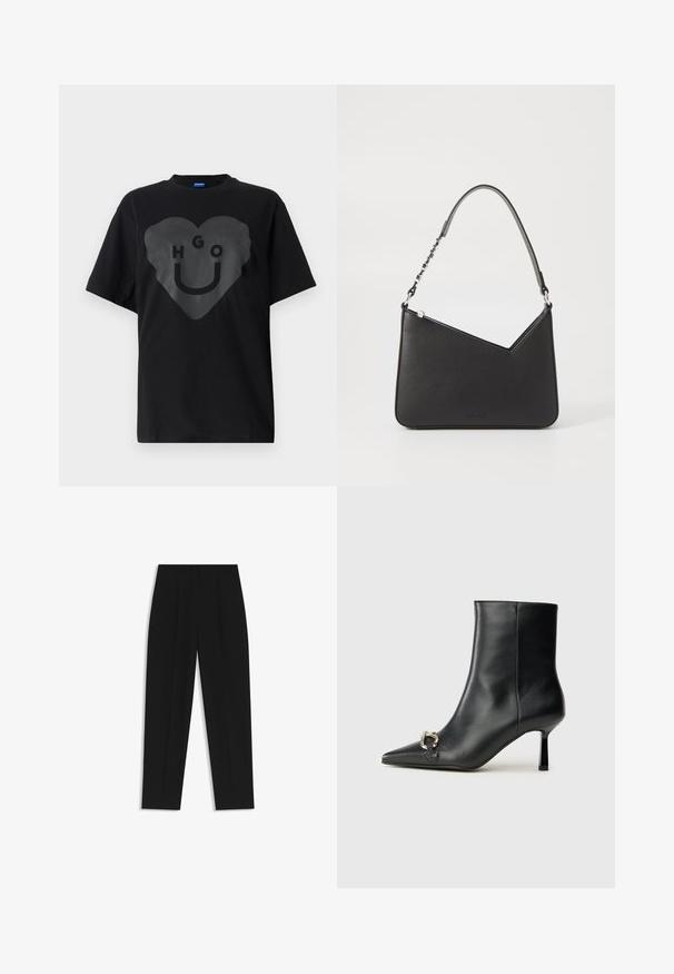 Svart t-shirt, oversize passform, med en stor hjärt-grafik med texten "HGO" och ett smiley-ansikte i en glansig finish på framsidan.; Svarta byxor med rak passform, med dubbla fickor, en slät yta och en klassisk midje-design. Ingen synlig hårdvara eller detaljer.; Svart läderankelboot med spetsig tå, smal medelhög klack och silverfärgad spänndetalj på sidan mot en enfärgad bakgrund.; Svart läderhandväska med triangulär form, en smal rem och silverfärgad hårdvara. Har dragkedjestängning och logotyp prägling på framsidan.