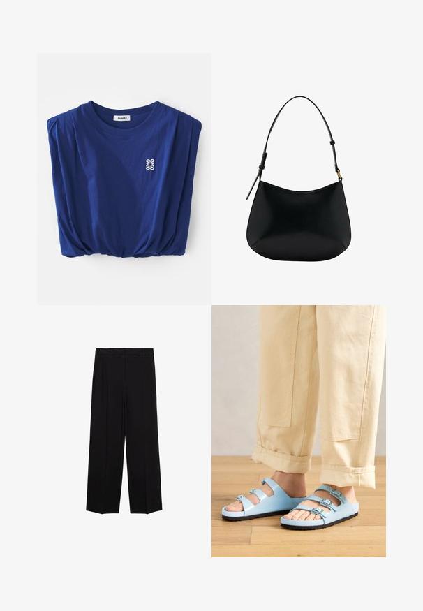 sandro Top - marine; Črne široke hlače iz gladkega materiala, z gubami spredaj in stranskimi žepi, zasnovane v ravnem, sproščenem kroju.; Svjetloplave klizne sandale s tri podesive trake i srebrnim kopčama; teksturirana potplat i gladak gornji materijal. Nosi se s podvrnutim bež hlačama.; Črna usnjena torba za ramo z gladko teksturo, ukrivljeno obliko in nastavljivim ročajem. Ima minimalno šivljenje in preprost dizajn.