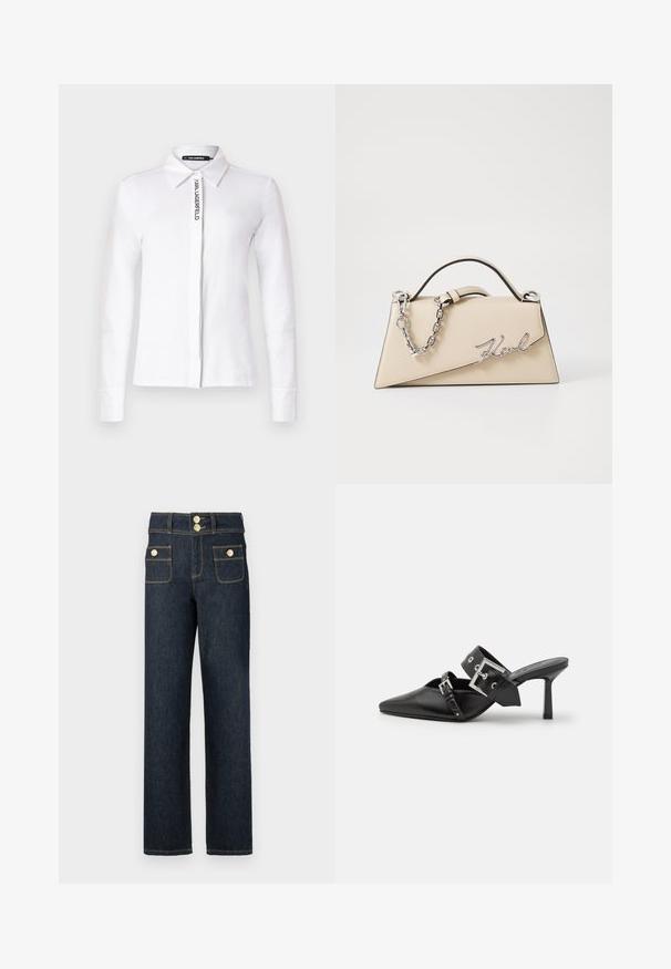 White long-sleeve shirt in cotton with a collared neckline, featuring a vertical black logo on the front and buttoned cuffs.; Dark blue denim jeans with a straight-leg design, two front pockets, gold hardware accents, and contrast stitching details.; Black high-heeled mules with a pointed toe, made of smooth leather. Features a wide ankle strap with a square silver buckle and studs.; Beige leather handbag with a structured, triangular shape, featuring a silver chain handle and a cursive logo in metal.
