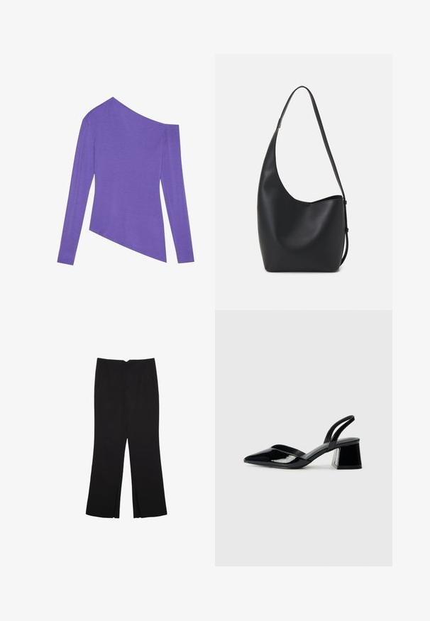 Zign Studio Pitkähihainen paita - purple; Mustat housut suoralinjaisella leikkauksella, joissa on etutaskut ja sivurei'ät helman alla. Valmistettu pehmeästä ja sileästä kankaasta. Sopii eri tilaisuuksiin.; Mustat patentoitu nahkakengät, joissa on säären takaosa ja terävä kärki, sekä geometrinen palikkakorko. Sisältää tyylikkään, minimalistisen muotoilun ja sileän pinnan.; Musta nahkainen hobo-laukku, jossa on sileä pinta, kaareva muoto ja yksi säädettävä olkahihna; sisäänkäynti on leveä ylhäältä.