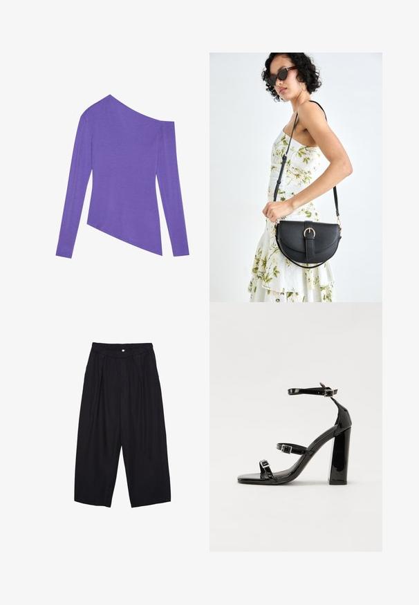 Zign Studio Langarmshirt - purple; Schwarze Polyester-Culotte mit einem elastischen Bund, zwei vorderen Falten und einer lockeren Silhouette. Keine sichtbaren Muster oder Hardware-Details.; Schwarze patentierte Sandalen mit Absatz, quadratischer Spitze, Knöchelriemen und silbernen Schnallen. Mit einem stabilen Blockabsatz für mehr Stabilität.; Schwarze Lederhandtasche mit geschwungener Form, abnehmbarem Tragegurt und goldenen Beschlägen. Die Tasche verfügt über einen Deckel mit einer Schnallen-Details.