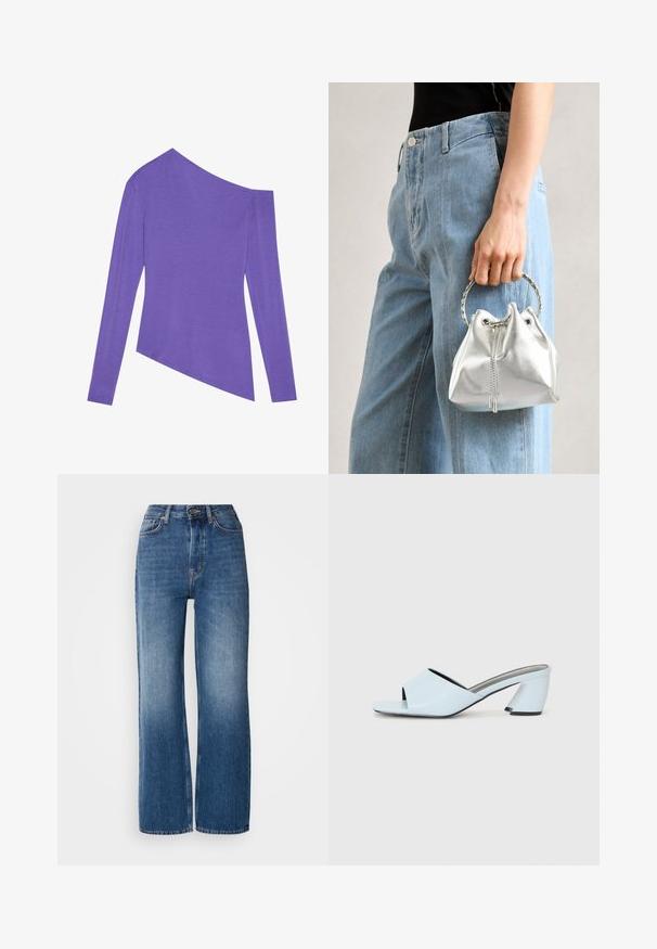 Zign Studio Tops ar garām piedurknēm - purple; Augsts viduklis, plata kāja zila džinsa bikses ar gradāciju izmazgāšanu, varš krāsas diegiem, priekšējo pogu aizdari un pieciem kabatām.; Gaiši zilas atvērtā purngala papēžu mūlas ar ģeometrisku dizainu, kas ietver platu siksnu pāri pēdai un masīvu, stūrainu papēdi.; Metāliskā sudraba somiņa ar teksturētu apdari, rotāta ar sudraba apaļu rokturi un aukliņu aizdari, turēta pretī gaišziliem džinsiem.