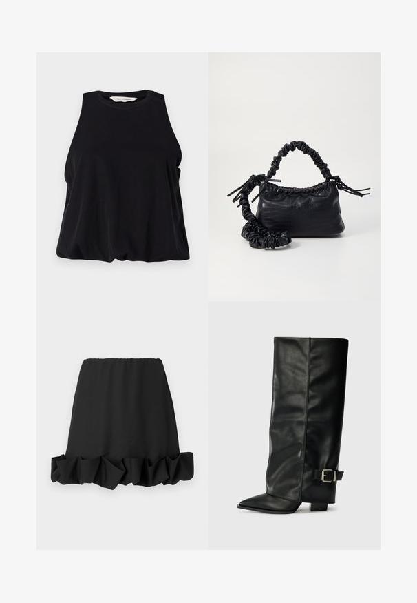 Zwarte mouwloze top van zachte stof, met een ronde halslijn en een losse pasvorm die soepel over de zoom valt. Geen zichtbare patronen of accenten.; Zwarte rok met een gekruide onderrand, gemaakt van lichtgewicht stof. Heeft een elastische tailleband voor een comfortabele pasvorm. Eenvoudig en veelzijdig ontwerp.; Zwarte leren enkellange laarzen met een spitse neus, een gladde textuur en een zilveren gesps Accent aan de zijkant. Stevige vierkante hak.; Zwarte nepleer handtas met een krokodillenstructuur, opgedroogde bovenkant en een gekreukte hengsel. Het lijkt zacht en compact van ontwerp.