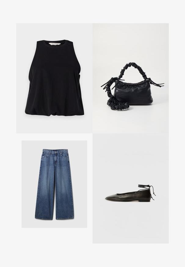 Melnas bezpiedurkņu topiņs, izgatavots no mīksta auduma, ar apaļu kakla izgriezumu un brīvu piegriezumu, kas viegli krīt pie apakšmalas. Nav redzamu rakstu vai akcentu.; Platām kājām zila denima bikses ar izbalējušu apdari, ar pogu un rāvējslēdzēju, pieciem kabatām un jostu cilpām.; Melnas ādas baleta kurpes ar smailu purngalu, potītes saitēm un plakanu zoli, kas izceļas ar gludu tekstūru un minimālistisku dizainu.; Melnā mākslīgās ādas rokassoma ar krokodila rakstu, savilkta augšdaļa un saburzīta siksna. Izskatās mīksta un kompakta pēc dizaina.