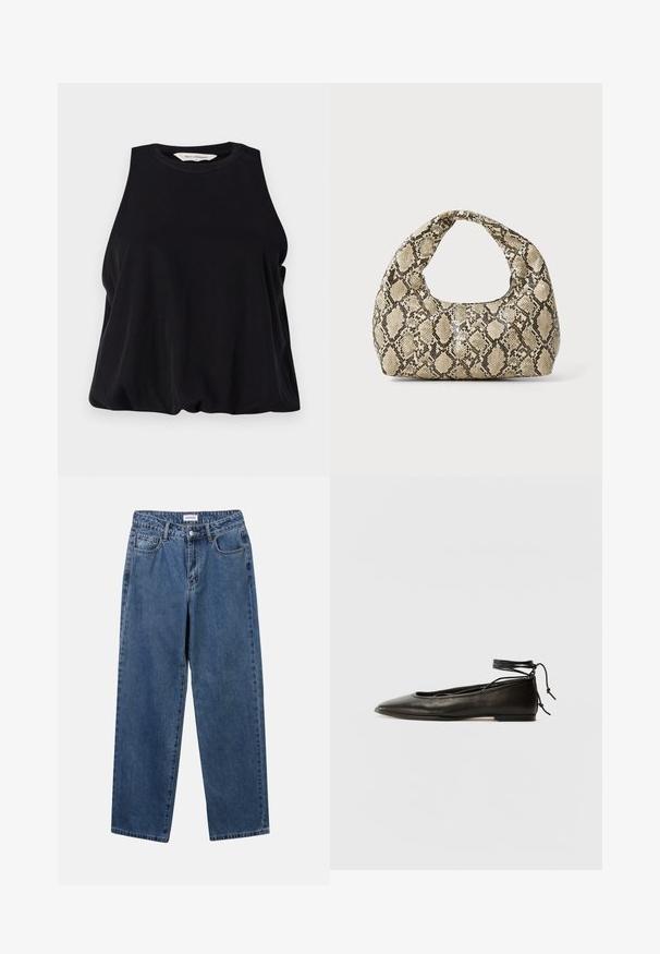 Must mängimata must pluus, mis on valmistatud pehmest kangast, ümmarguse kaeluse ja laia lõikega, mis langeb õrnalt alläärtesse. Ei mingeid nähtavaid mustreid ega aktsente.; Klassikalised sinised denimists teksad otsejalaga disainiga, viie taskuga ja nööbisuletusega. Omab keskmist pesu ja tugevat tekstuuri.; Must mustast balletijalatsid, millel on terav nina, pahkluu seotud ja lame tall, sujuva tekstuuri ning minimalistlik disain.; Musta käärmeprindiga kott kõveraga käepidemega. Valmistatud tekstiilsetest, beežidest ja pruunidest materjalidest, millel on iseloomulik rombikujuline muster.