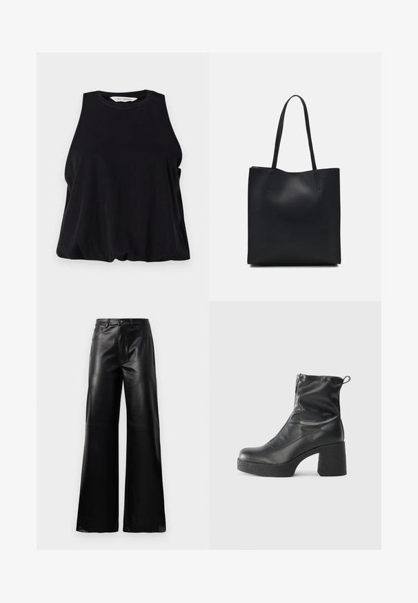 Schwarzes ärmelloses Top aus weichem Stoff, mit Rundhalsausschnitt und lockerer Passform, die am Saum sanft fällt. Keine sichtbaren Muster oder Akzente.; Schwarze leichte, weit geschnittene, hochtaillierte Kunstlederhose mit vorderem Knopf, Reißverschluss, Gürtelschlaufen und Seitentaschen auf weißem Hintergrund.; Schwarze Stiefeletten aus glattem Leder mit seitlichem Reißverschluss, klobigem strukturiertem Absatz und runder Zehenform.; Schwarze Laptoptasche aus Leder mit glatter Textur, rechteckiger Form und zwei langen Griffen. Keine sichtbaren Beschläge oder Verzierungen.