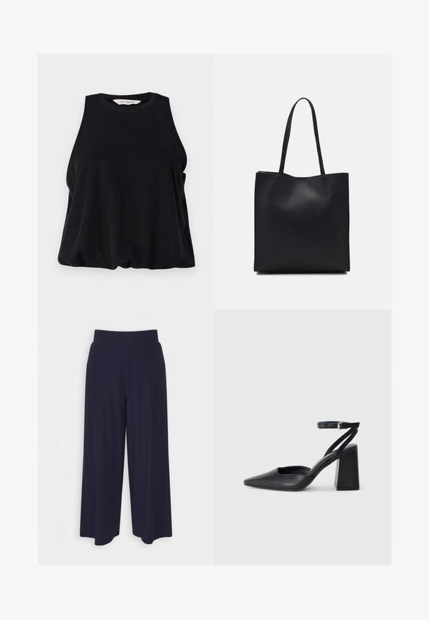 Črna brezrokavnik iz mehkega materiala, z okroglim izrezom in ohlapnim krojem, ki se nežno spušča na robu. Brez vidnih vzorcev ali dodatkov.; Široke hlače iz temno modrega blaga z rebrasto teksturo. Imajo gladek pas in tekoč silhueto, ki seže do sredine tele.; Črne usnjene klasične čevlje z ostrim nosom, z zaponko za gleženj in debelim peto. Ravna tekstura, eleganten dizajn in minimalistična estetika.; Črna usnjena torba s svilnato teksturo, pravokotne oblike in dvema dolgima ročajema. Brez vidnih metalnih delov ali okrasnih elementov.