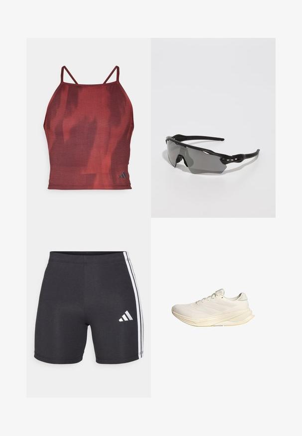 Punainen, teksturoitu urheilullinen lyhyt tank top, jossa on ohuet hihnat ja hillitty kuviointi. Vasen alakulma on varustettu pienellä mustalla logolla.; Mustat urheilushortsit joustavaan kangasta, joissa on valkoiset sivuviivat ja Adidas-logo oikean alahousun kohdalla. Sileä tekstuuri.; Vaaleanbeige urheilukenkä, jossa on verkkokangasylhys, litteät nauhat ja pehmustettu pohja. Sivussa on kolme raitaa.; Mustat urheilulasit, joissa on tyylikäs muotoilu, ympäröivä linssi, harmaan sävyinen linssi ja tekstuuriset mustat rannetukivarret. Ei näkyviä logoja.