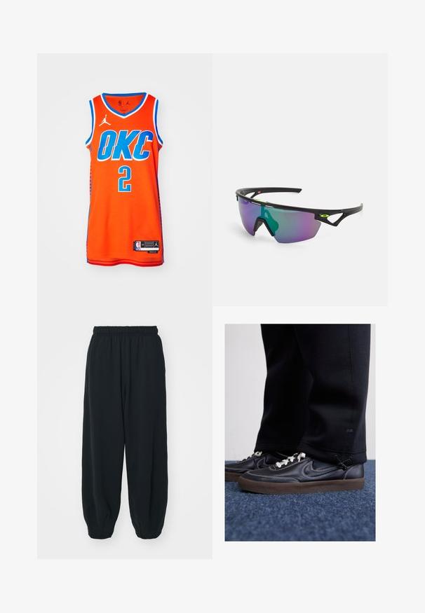 Orange basketball jersey featuring "OKC" in blue lettering, numbered "2." Mesh texture with blue trim and Jordan logo on shoulder.; Black, elasticated-waist sweatpants with a loose fit, cuffed ankles, smooth texture, and no visible patterns or hardware accents.; Nike Sportswear KILLSHOT 2 LTR PRM OPP2 - Trainers - black sail baroque brown mtlc dk grey; Sport sunglasses with a black frame, large gradient lens featuring purple and green hues, and angular design accents with logo detail.