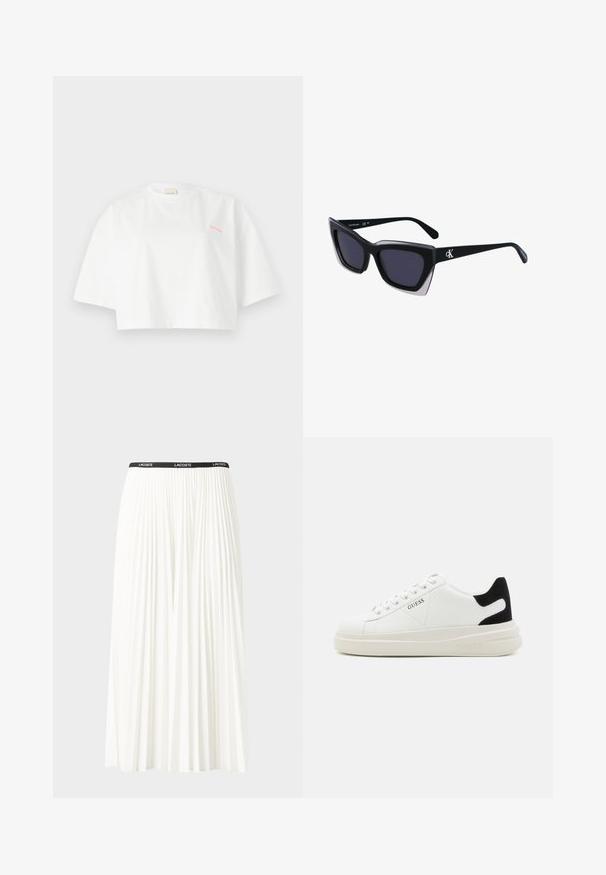 Hvit cropped t-skjorte laget av bomull. Den har rund hals, korte ermer, og en liten rosa Calvin Klein-logo på brystet.; Plissert hvit skjørt med en svart elastisk midje som har "LACOSTE"-logoen. Midjelengde design med myk tekstur.; Hvite lær sneakers med tykk hvit såle, svart semsket hælforsterkning og preget logo på siden. Snøresystem med seks hull.; Store svarte solbriller i overdimensjonert størrelse med geometrisk form, med mørke linser og en kontrasterende grå detalj på rammen. Logo på armen.